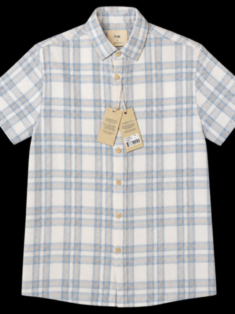 Folk Men’s Plaid Cotton Linen Short Sleeve Shirt Size M Blue White NWT